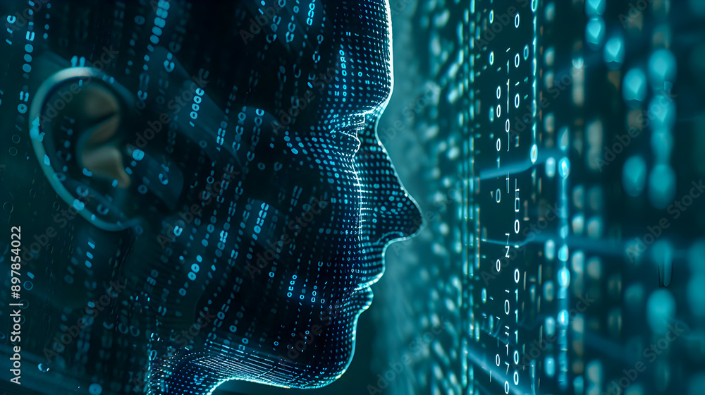 Poster futuristic digital portrait with a human face composed of flowing binary code and intricate glowing 