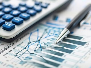 Closeup of a businesswoman's hand writing on a financial report with charts and graphs.