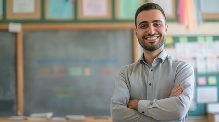Smiling Middle Eastern Male School Teacher in Classroom, Education, Teaching, and Learning Environment Stock Photo