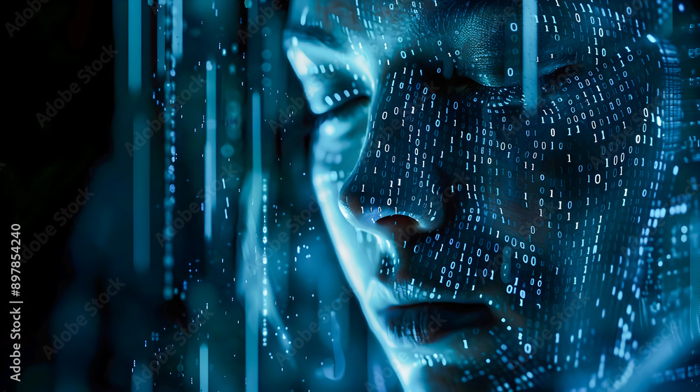 Poster a human face integrated with streams of binary code emerging from the darkness the lines of code cre