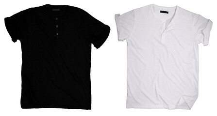 Wrinkled black and white henley shirt, front design mock up template, cut out