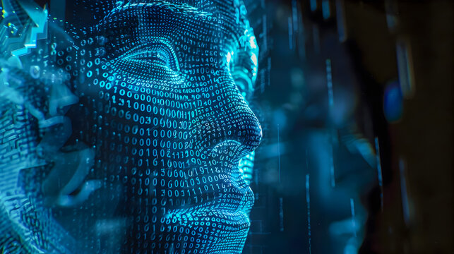 Glowing Binary Face in Futuristic Dark Backdrop with Cinematic Lighting and Surreal Atmosphere  The face is constructed from flowing binary code