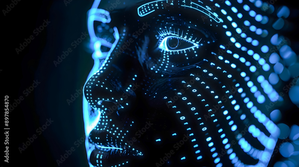Poster futuristic ethereal face constructed from seamlessly flowing binary code with a dark moody backdrop 