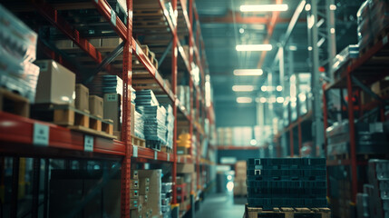 Fototapeta premium Retail warehouse full of shelves with boxed merchandise, with pallets and forklifts