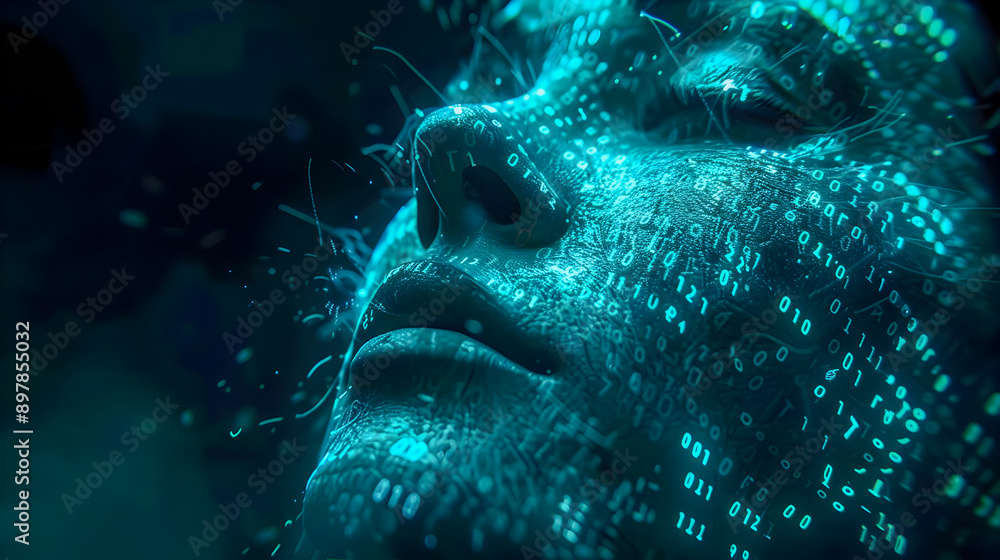 Poster futuristic ethereal face formed by flowing binary code against a dark cinematic backdrop the intrica