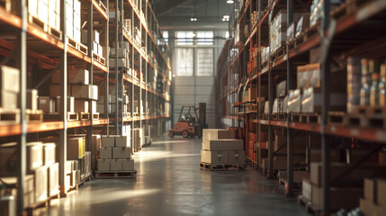 Obraz premium Retail warehouse full of shelves with boxed merchandise, with pallets and forklifts