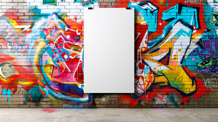 Vertical poster mockup on wall with graffiti