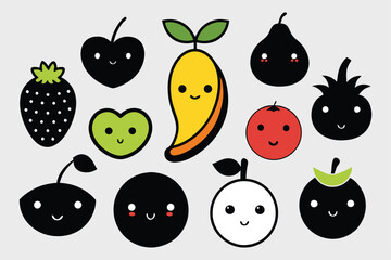 Cartoon fruits funny vector set illustration.