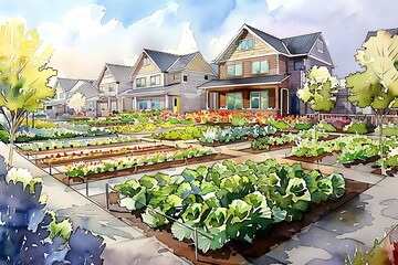 A vibrant community garden showcasing lush vegetables and flowers, surrounded by beautiful homes under a sunny sky.