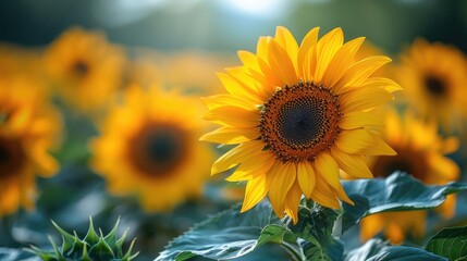 Obraz premium Vibrant sunflower field under a bright sun