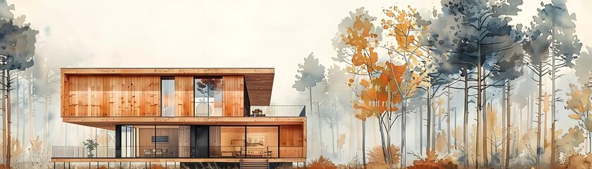 Fototapeta premium Modern wooden house surrounded by autumn trees, showcasing minimalist architecture and serene nature in a harmonious setting.