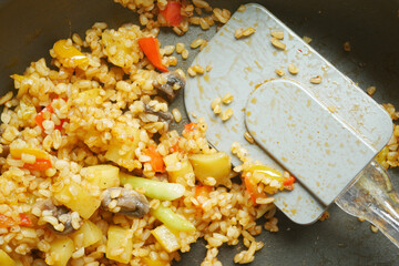 Explore cooking StirFried Rice with Vegetables in a wok, a homemade vegetarian gourmet recipe