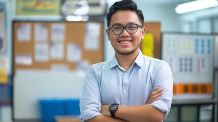 Friendly Filipino Male Teacher Smiling Confidently in Classroom Setting Ideal for Educational Themes