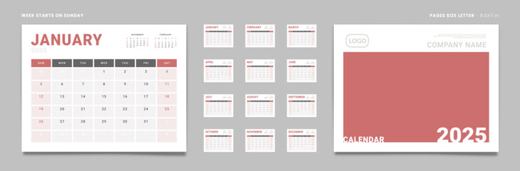 Set of 2025 Pages Monthly Calendar Planner Templates, Cover with Place for Photo, Company Logo. Vector pages for wall or desk calendar with 2 weekend. Page size Letter -8.5x11 in. Week start Sunday