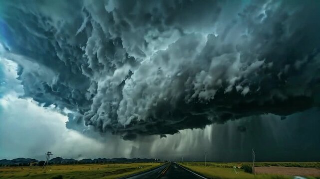 Heavy rainfall and dark storm clouds, slow tilt emphasizes storm intensity, turbulent atmosphere