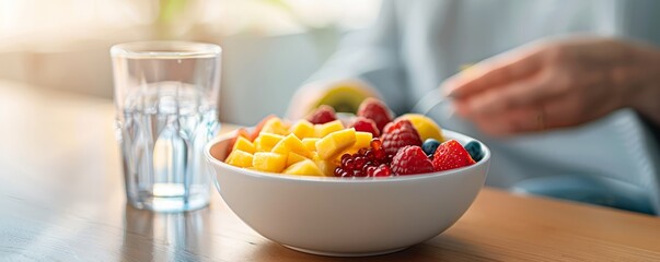 Person enjoying a minimalist breakfast with a simple bowl of fruit and a glass of water, highlighting a clean and healthy lifestyle, with copy space for text