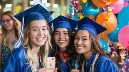 Three happy graduates in blue caps and gowns taking a selfie at a colorful graduation party, celebrating their achievement and friendship.