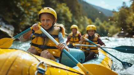 Group of kids having a thrilling time white water rafting, showcasing adventure, excitement, and teamwork in a scenic river setting.