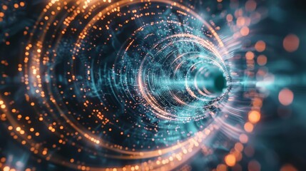 Abstract futuristic tunnel with glowing particles and light effects, digital quantum technology concept, high-quality stock photo.