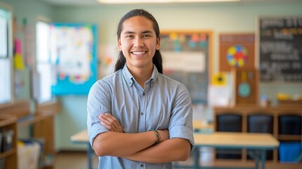 Native American Instructor Standing Confidently in Classroom, Education, Diversity, Teaching Role