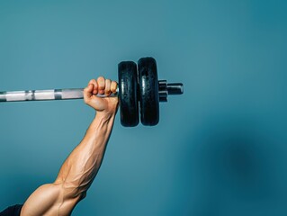 Hand lifting a barbell with empty space, fitness and strength concept