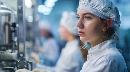Female factory workers check machine systems at the industrial factory. Women working in clean rooms for beverage and food production. copy space for text.