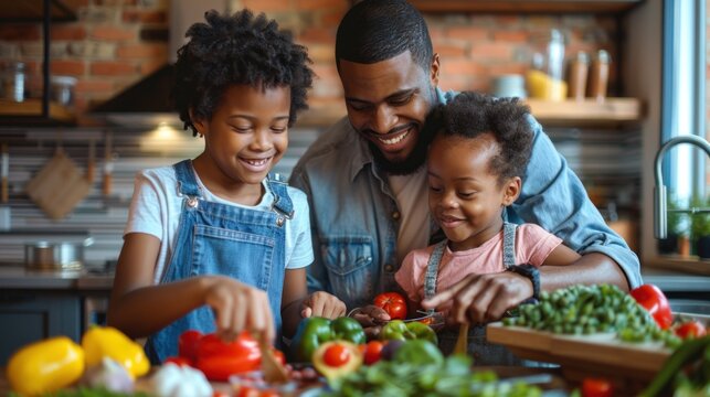 A lively family moment captured in the kitchen, where parents and children are preparing healthy snacks for school. The parents are teaching their children the importance of nutrition and