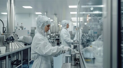 Naklejka premium Female factory workers check machine systems at the industrial factory. Women working in clean rooms for beverage and food production. copy space for text.