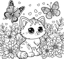 Fototapeta premium Kitty Children's coloring book. Coloring Page Outline Of cartoon little cat on flower clearing. Cute kitten with butterfly. Studying laptop in kitty.