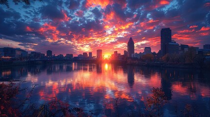 Fototapeta premium Capture the city skyline reflected in a calm river at dusk.