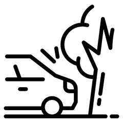 Car damage, crash or collision thin line icon. Car traffic violation simple vector icon, vehicle damage in disaster or accident sign. Automobile driving safety symbol with car crashing in tree