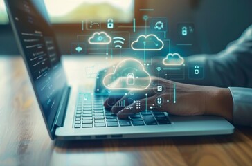 A person typing on their laptop with cloud computing icons. Technology architecture. Futuristic. AI Technology. Virtual storage. Cloud. Generative AI