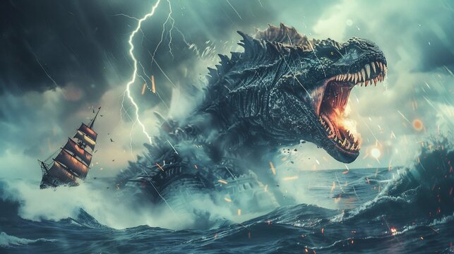 Giant lizard monsters rampage in the rough seas