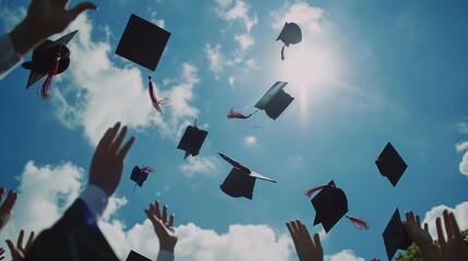 Graduating students hands throwing graduation caps in the air, graduate are celebrating graduation, Happiness cheerful feeling, Commencement, Graduation day 