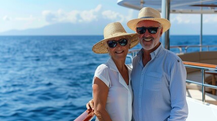 Retired couple on romantic cruise on luxury yacht, happy senior couple on holidays. copy space for text.