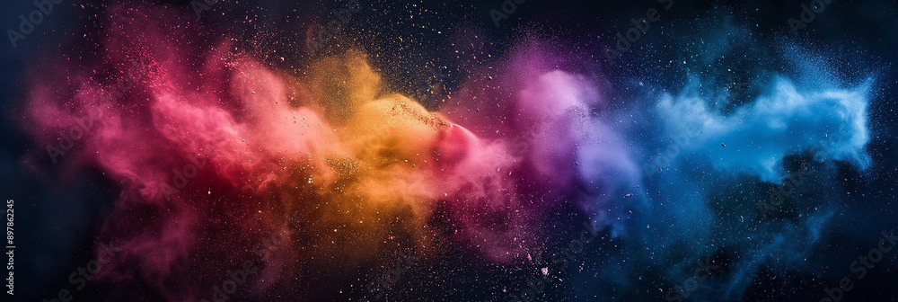 Poster Colored powder exploding creating abstract universe background