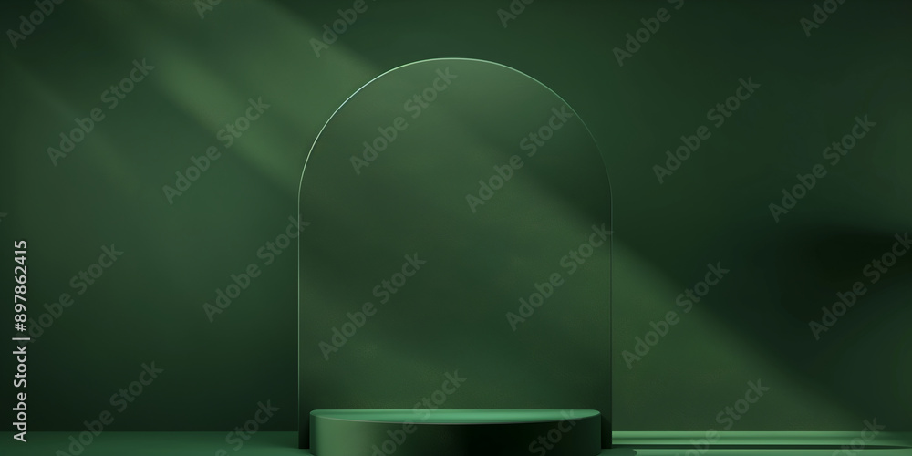 Poster empty green podium displaying minimal scene with arch and sunlight