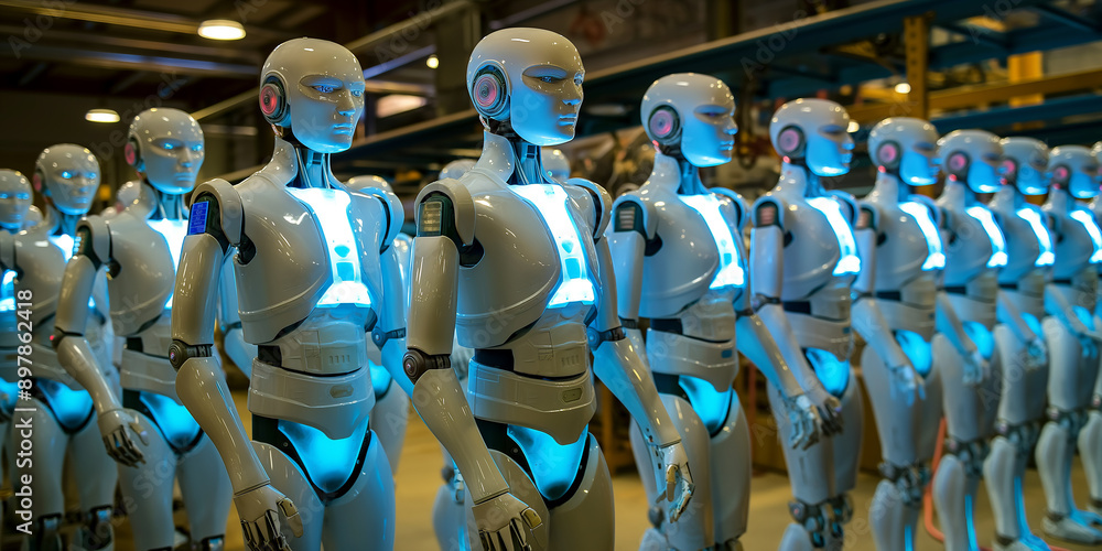 Aufkleber Line of android robots standing in a row with blue lights