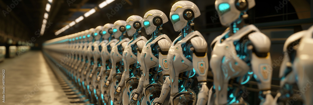 Poster row of futuristic robots standing in a production line