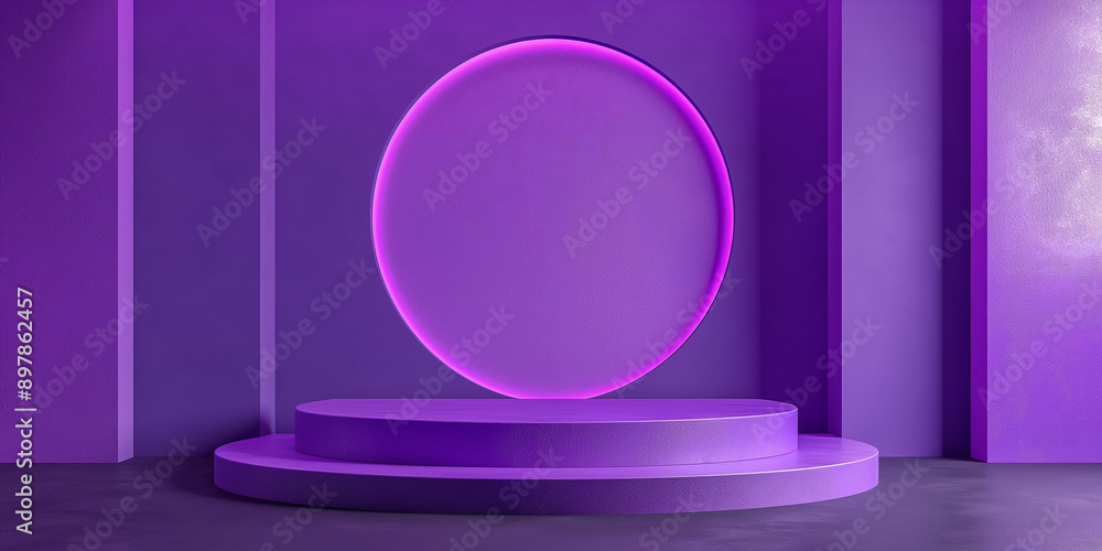 Poster Purple round neon sign illuminating empty two step podium platform in studio