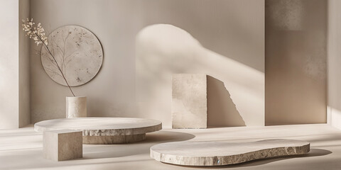 Minimalist interior with empty travertine stone platforms and sunlight shadows