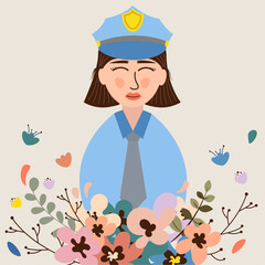 Illustration of smiling policewoman with flowers
