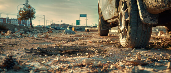 Obraz premium On a dirt and rocky road on the outskirts of the city, a car tire in the 3/4 position is located on top of holes and potholes, emphasizing the problems of the road surface.