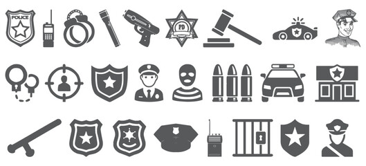 Police and security glyph collection. Police equipment icon mega bundle