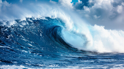 Fototapeta premium powerful wave crashes dramatically on the shore, capturing the energy and beauty of the ocean. This image symbolizes nature's force, resilience, and the exhilarating spirit of surfing