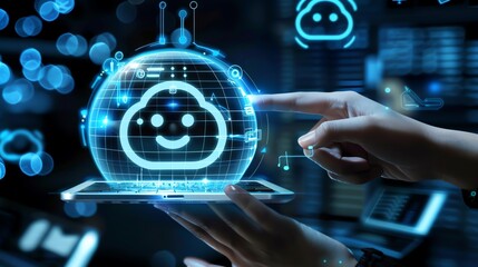 Hand holding tablet with smiling cloud icon.