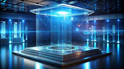 An elegant, transparent podium made of futuristic materials, with holographic interfaces and floating data displays around it. The background is a dark, high-tech room with a subtle blue glow.