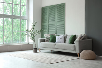 Comfortable sofa with cushions, pouf and decorative olive tree