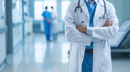 Medical doctor with stethoscope on shoulder in a modern hospital setting