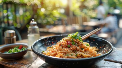 Delicious noodles with vegetables and meat in a bowl